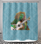 Close-up view of Enchanted Garden Shower Curtain's detailed garden pattern.